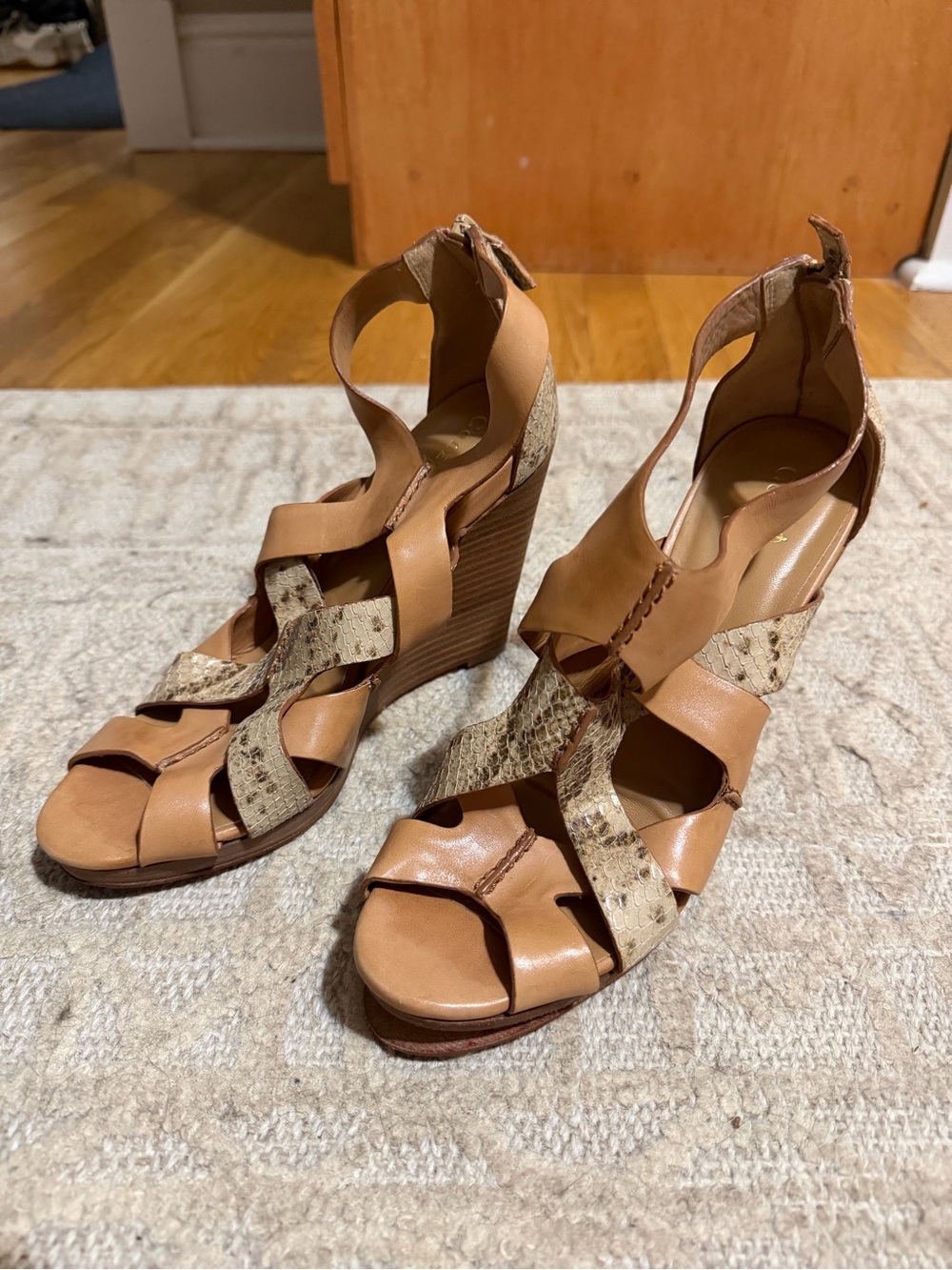 Cole Haan Tan Wedge Sandals with Snake-Print Straps